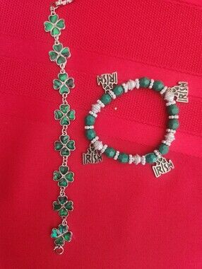 Green Shamrock Charm Bracelet and Beaded Irish Stretch Bracelet Set